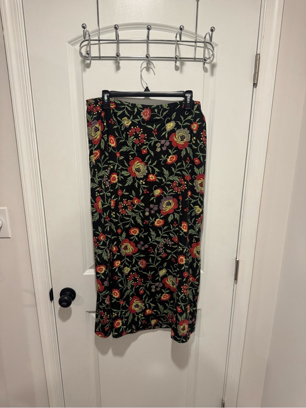 Black Floral Maxi Skirt with Red & Green Blooms
